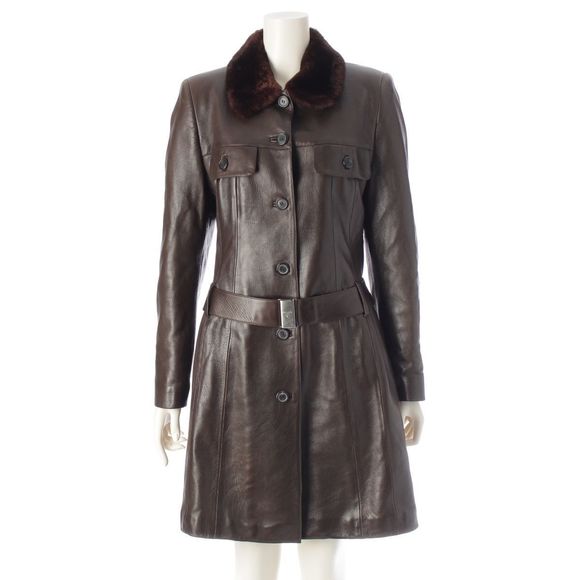 Prada 1994f/w Leather Acrylic Fur Collar Belted Coat Brown 42 - Picture 1 of 10